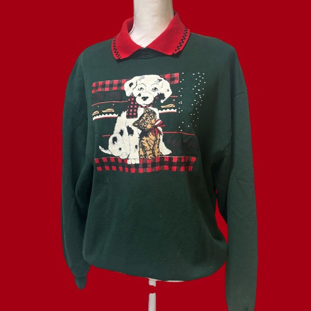 Vintage 90s Christmas Sweatshirt Dog Cat Plaid Knit Collar Holiday Pullover